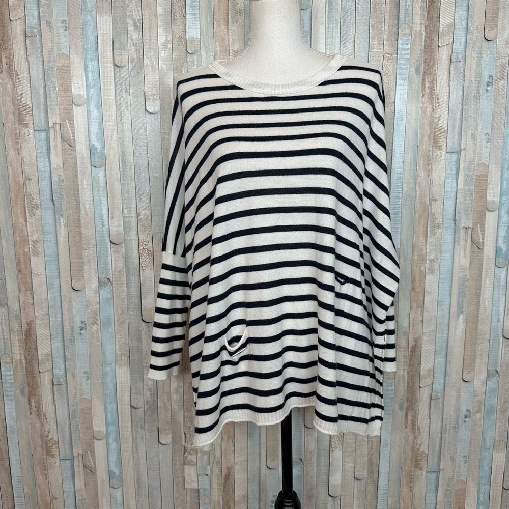 Mersea OS Navy Stripe Knit Catalina Sweater Pullover Oversize Poncho Top Coastal - Picture 3 of 12